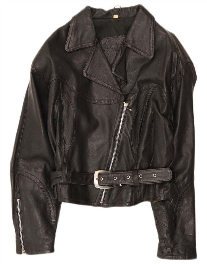 Vintage Γυναικείο Δερμάτινο Μπουφάν Biker UK 14 Large Μαύρο Δερμάτινο