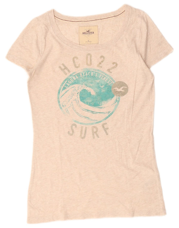 Γυναικείο γραφικό μπλουζάκι Hollister Top UK 14 μεγάλο μπεζ βαμβακερό