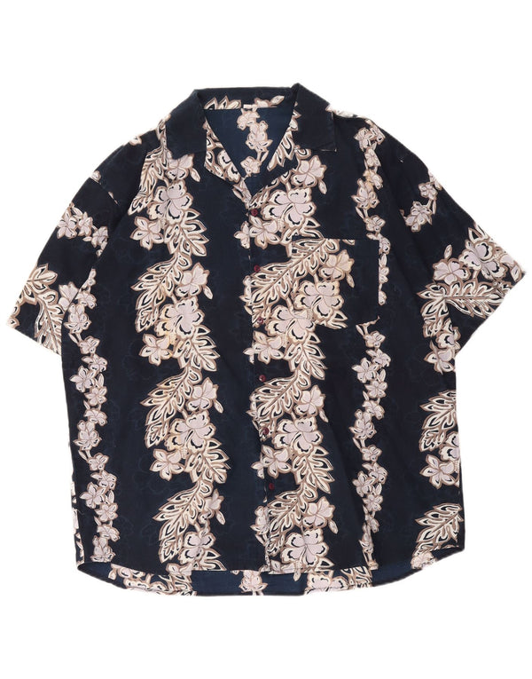 Vintage Mens Short Sleeve Shirt Large Navy Blue Floral Cotton