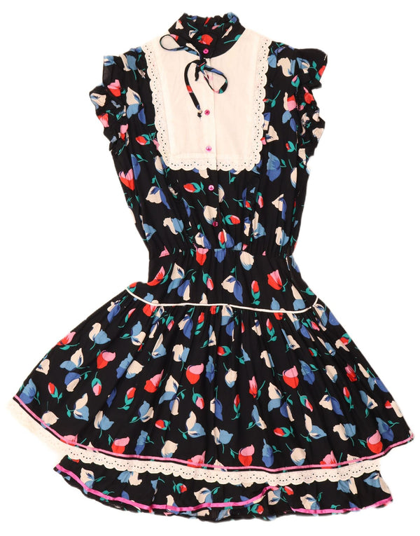 Vintage γυναικείο φόρεμα τσαγιού UK 12 Medium Black Floral