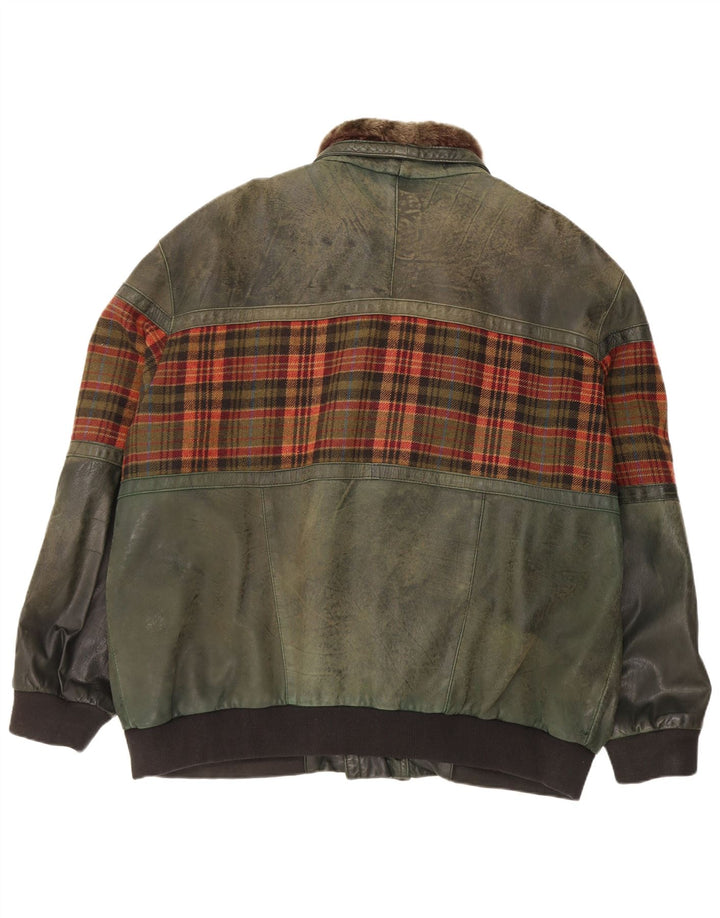 Vintage Ανδρικό Δερμάτινο Μπουφάν UK 46 3XL Green Check Leather