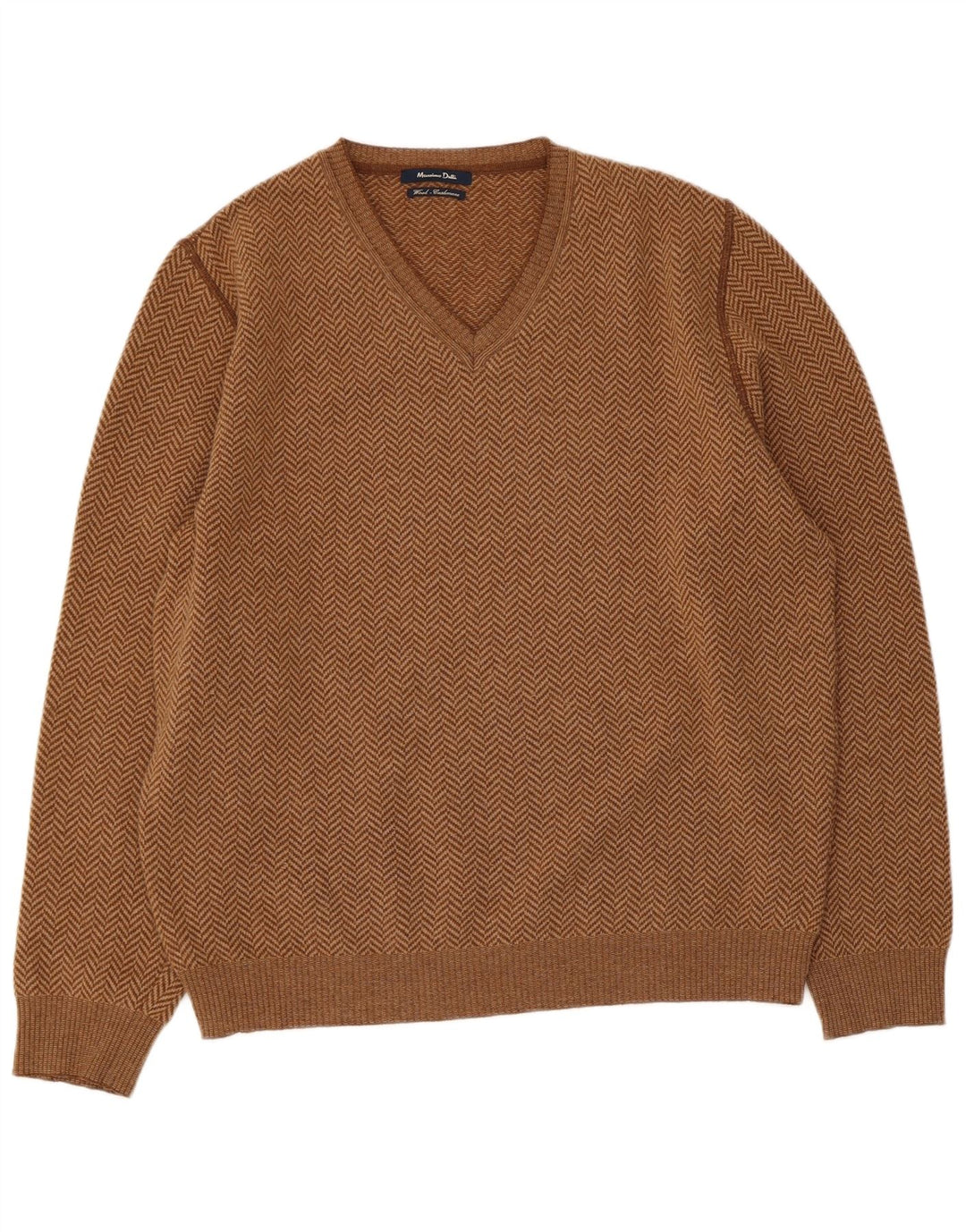 Massimo Dutti Ανδρικό πουλόβερ με λαιμόκοψη με λαιμόκοψη, μεγάλο καφέ μαλλί από ψαροκόκκαλο