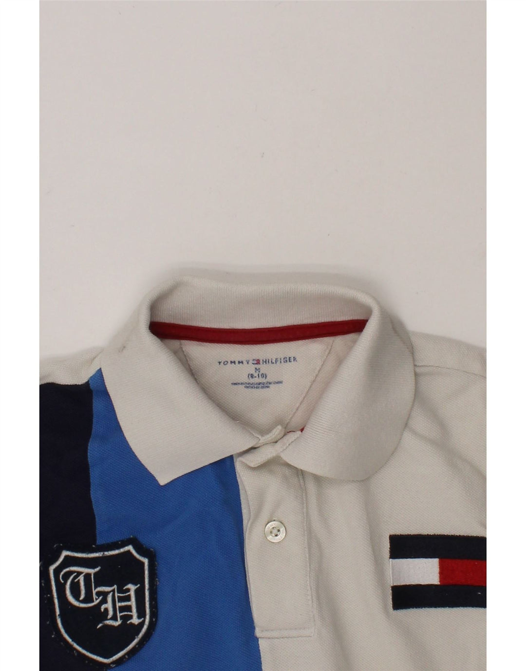 TOMMY HILFIGER Boys Polo Shirt 8-9 Years Medium  White Colourblock Classic Vintage Tommy Hilfiger and Second-Hand Tommy Hilfiger from Messina Hembry 