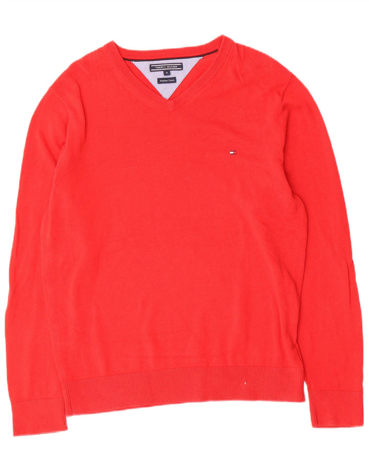 Ανδρικό πουλόβερ Tommy Hilfiger με V λαιμόκοψη, μεσαίο κόκκινο βαμβακερό