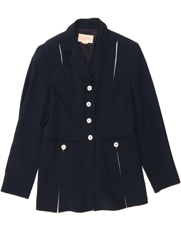 BYBLOS Womens 4 Button Blazer Jacket UK 12 Medium Navy Blue Viscose Vintage Byblos and Second-Hand Byblos from Messina Hembry 