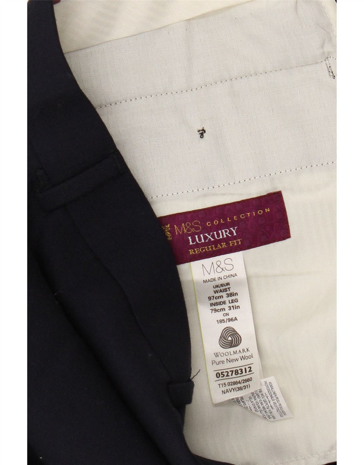 Ανδρικό παντελόνι με κανονική εφαρμογή Marks & Spencer W38 L31 Navy Blue Wool