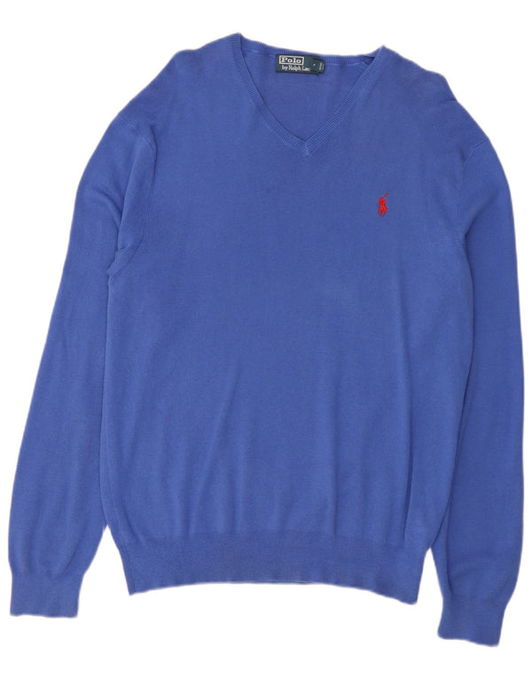 Polo Ralph Lauren Mens V-Neck Jumper Sweater Large Blue Cotton
