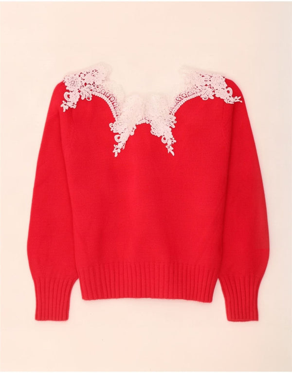 Vintage Womens Boat Neck Jumper Sweater UK 14 Medium Red Floral Acrylic