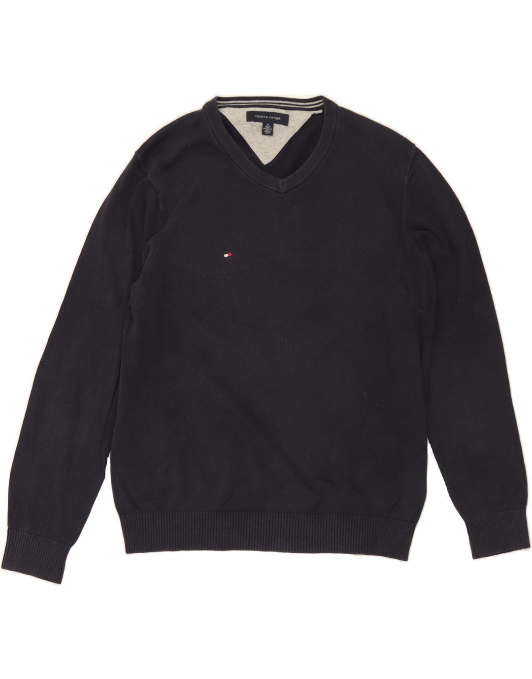 TOMMY HILFIGER Mens V-Neck Jumper Sweater Medium Navy Blue Cotton Vintage Tommy Hilfiger and Second-Hand Tommy Hilfiger from Messina Hembry 