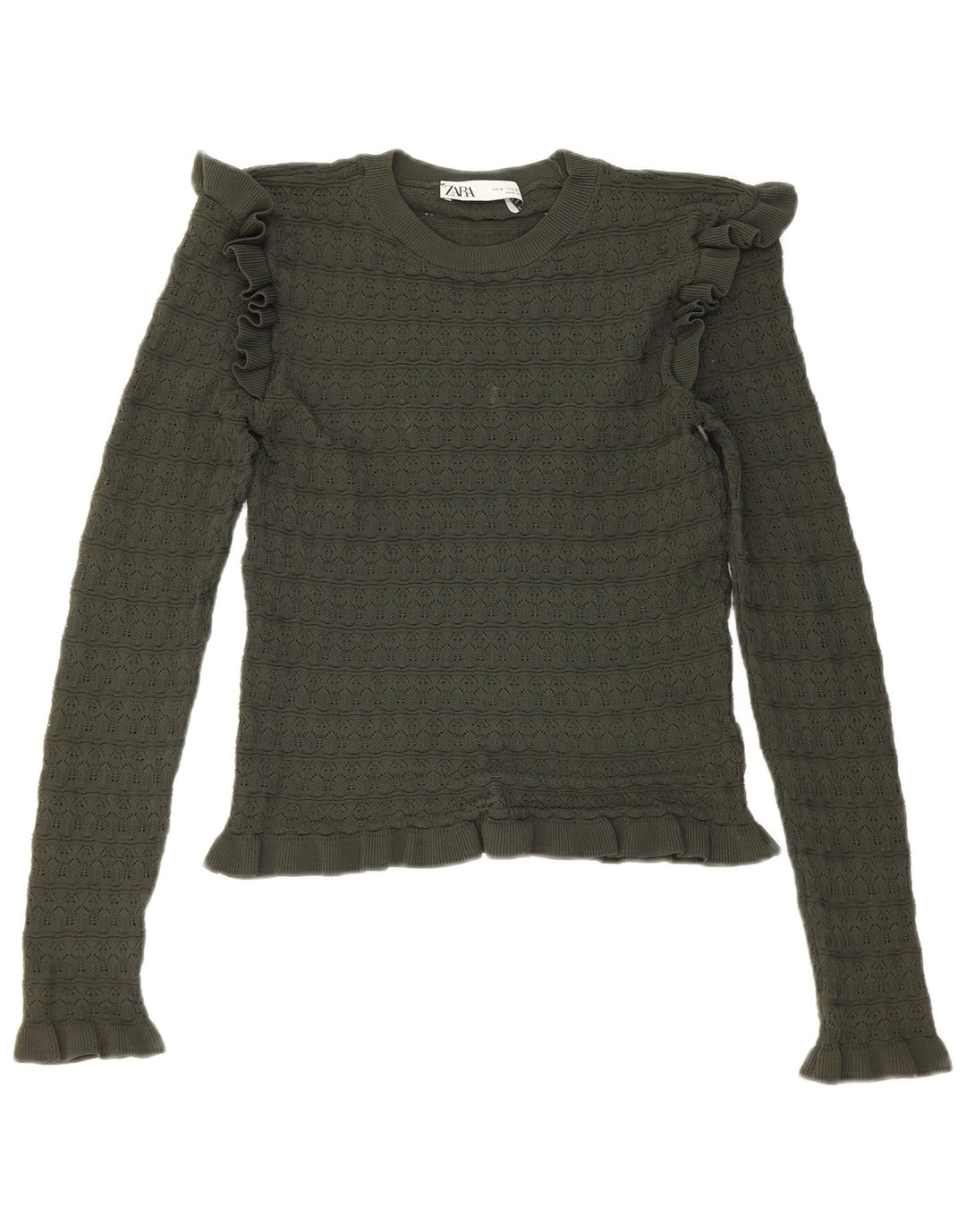 Zara Γυναικείο Crop Ruffle Μπροστινό Μακρυμάνικο UK 8 Μικρό Χακί Πολυεστέρας