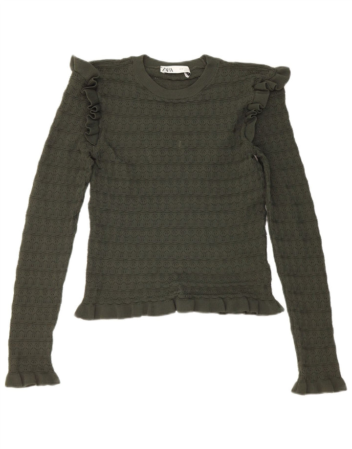 Zara Γυναικείο Crop Ruffle Μπροστινό Μακρυμάνικο UK 8 Μικρό Χακί Πολυεστέρας