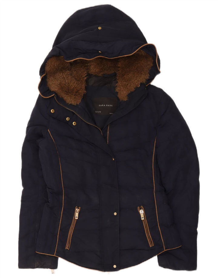 Zara Γυναικείο μπουφάν με κουκούλα UK 12 Medium Navy Blue Polyester
