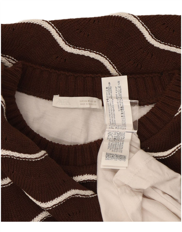 ZARA Γυναικείο πουλόβερ με λαιμόκοψη UK 14 μεσαίου καφέ ριγέ