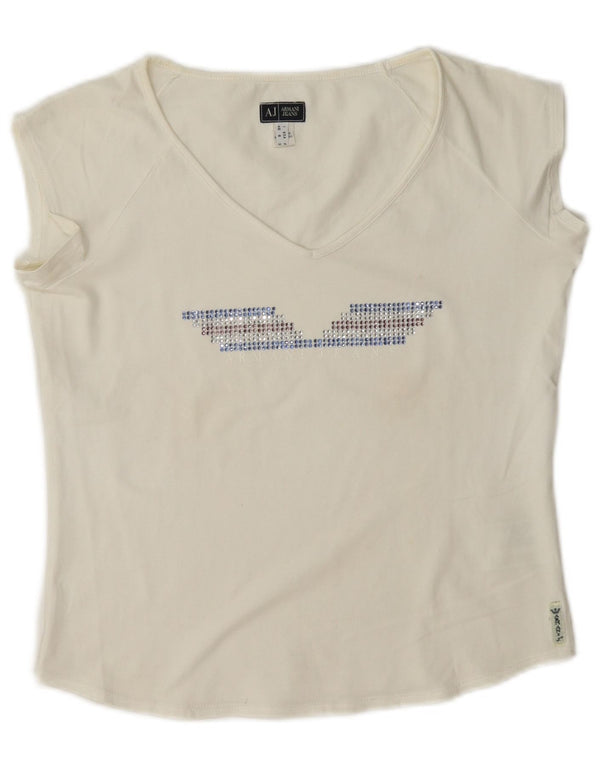 Armani Jeans Γυναικείο Crop Γραφικό T-Shirt UK 10 μικρό λευκό βαμβακερό