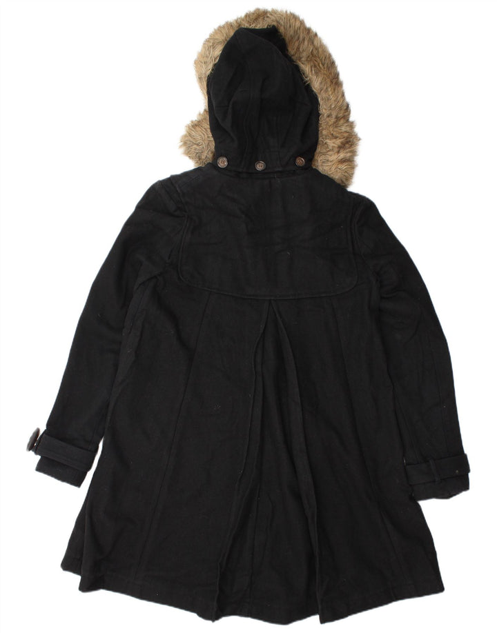 Vintage γυναικείο παλτό Duffle με κουκούλα UK 10 Small Black Wool