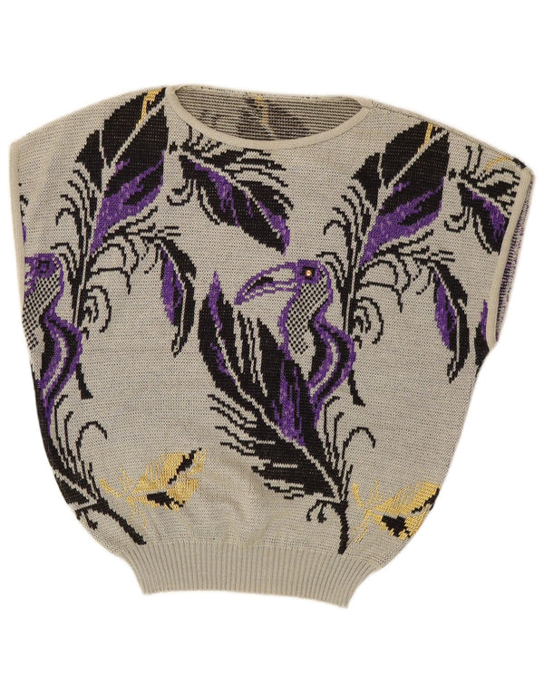VINTAGE γυναικείο αμάνικο πουλόβερ με λαιμόκοψη UK 14 Large Grey Floral