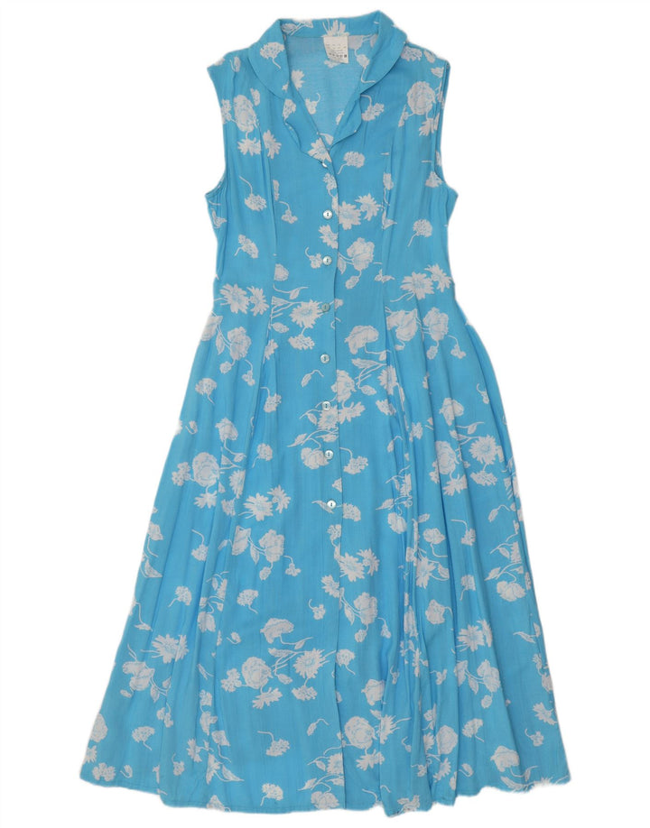 VINTAGE Γυναικείο Αμάνικο Maxi Φόρεμα UK 14 Μεγάλη Μπλε Φλοράλ Βισκόζη