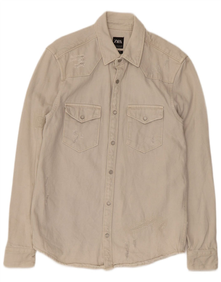 Zara Γυναικείο τζιν πουκάμισο Relaxed Fit Μικρό μπεζ βαμβακερό