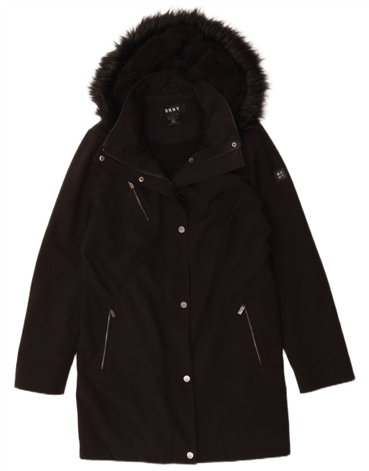 Dkny Γυναικείο παλτό Sherpa με κουκούλα UK 16 Large μαύρο πολυεστέρα