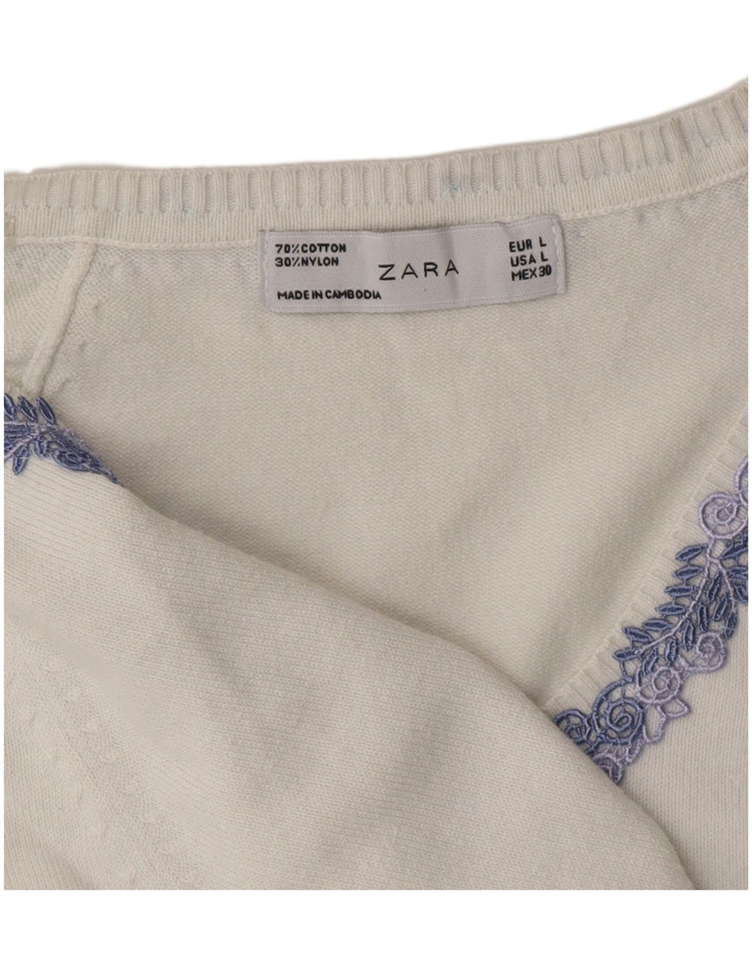 Γυναικείο πουλόβερ ZARA με V λαιμόκοψη UK 14 μεγάλο λευκό βαμβακερό