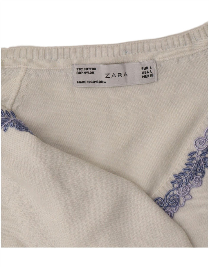 Γυναικείο πουλόβερ ZARA με V λαιμόκοψη UK 14 μεγάλο λευκό βαμβακερό