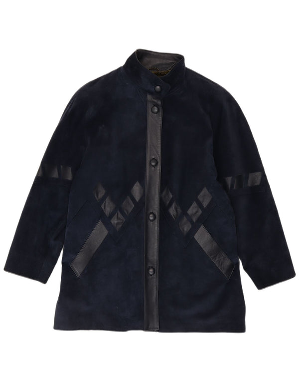 Vintage γυναικείο υπερμεγέθη σουέντ πανωφόρι UK 14 Medium Navy Blue Geometric