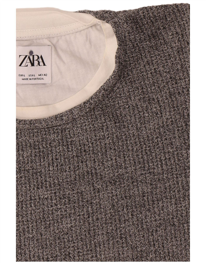 Ανδρικό πουλόβερ Zara με λαιμόκοψη μεγάλο γκρι βαμβακερό