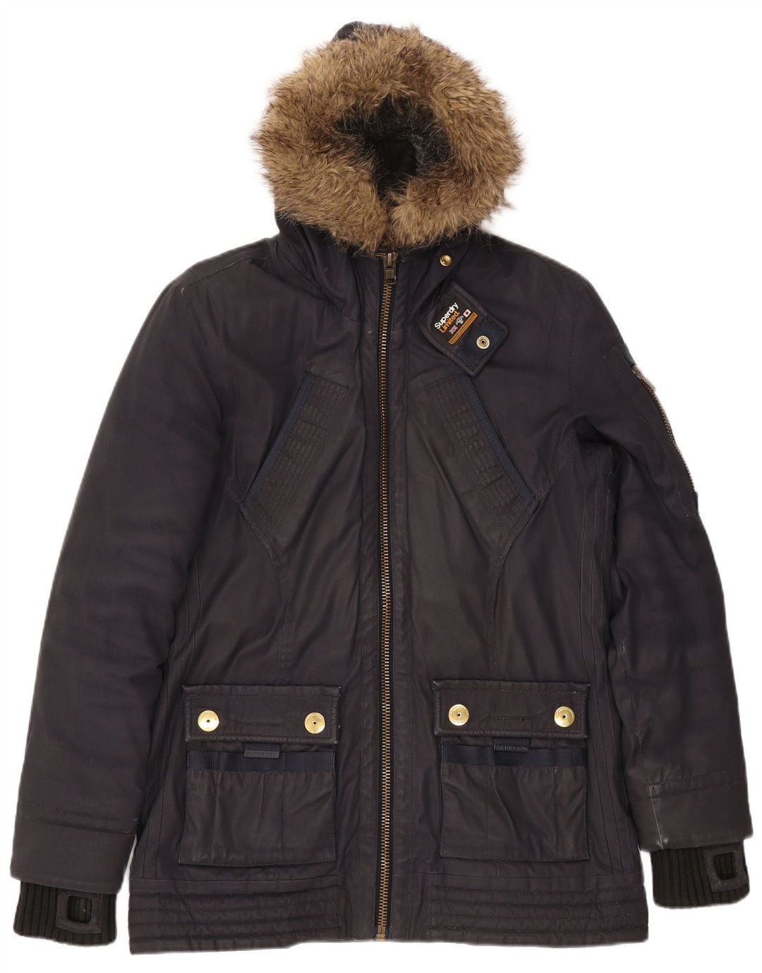 SUPERDRY Γυναικείο μπουφάν Parka με κουκούλα UK 16 Μεγάλο Navy Blue από βαμβάκι