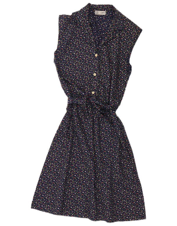 Vintage γυναικείο αμάνικο φόρεμα A-Line UK 12 Medium Navy Blue Floral