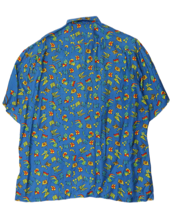 Vintage Mens Abstract Pattern Short Sleeve Shirt Large Blue