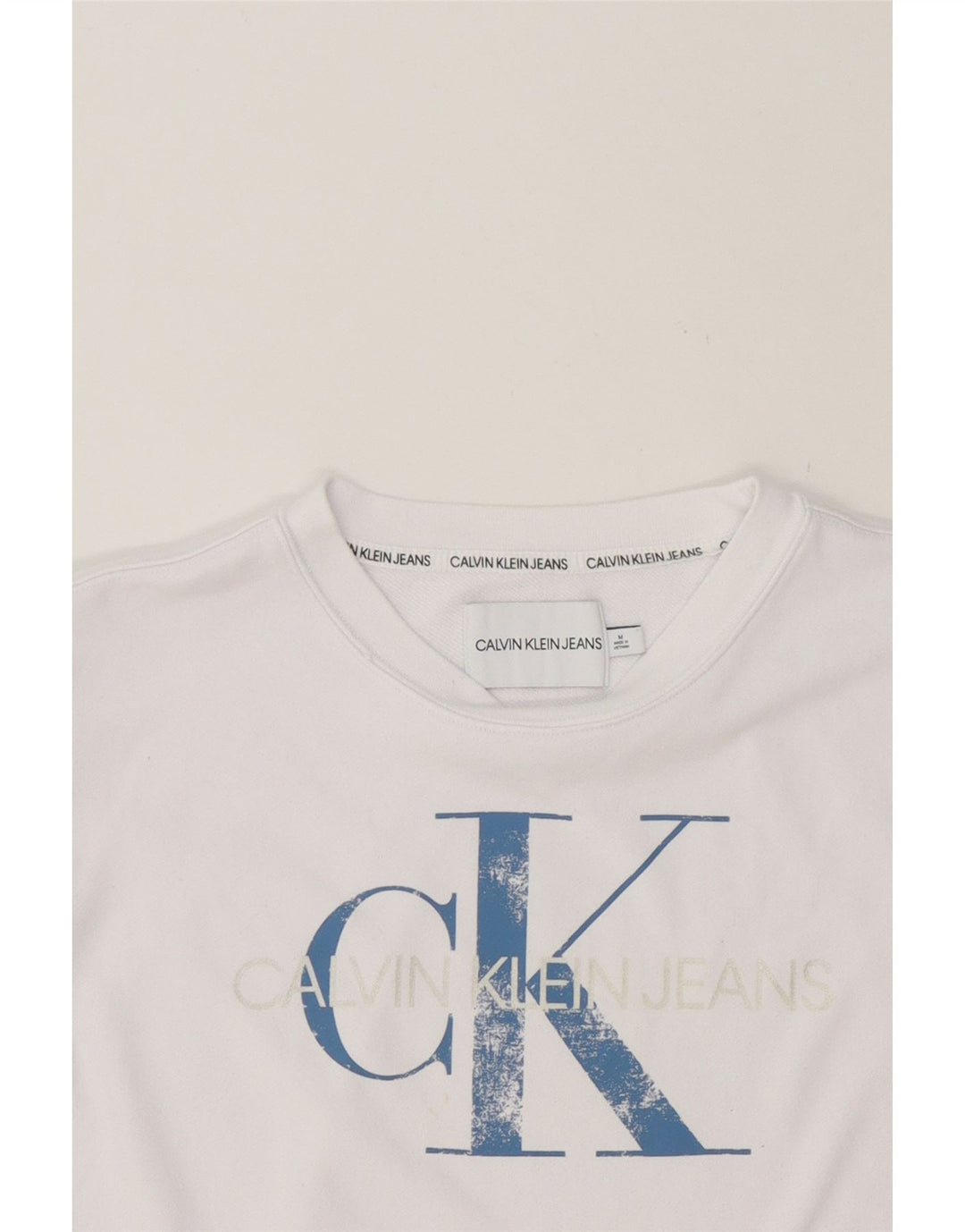 CALVIN KLEIN JEANS Womens Graphic Sweatshirt Jumper UK 14 Medium White Vintage Calvin Klein Jeans and Second-Hand Calvin Klein Jeans from Messina Hembry 