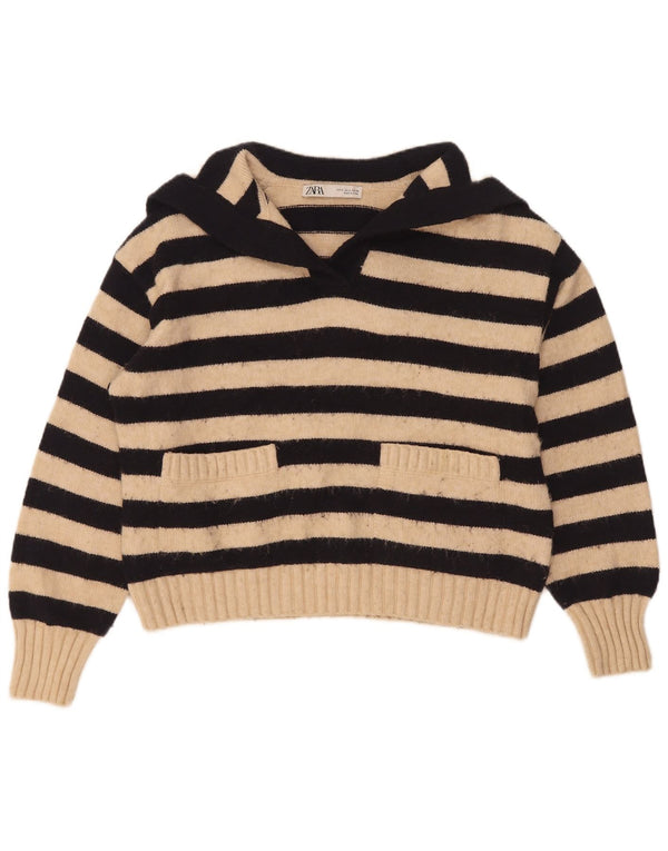 Zara Womens Oversized Polo Neck Jumper Sweater UK 10 Small Beige Striped