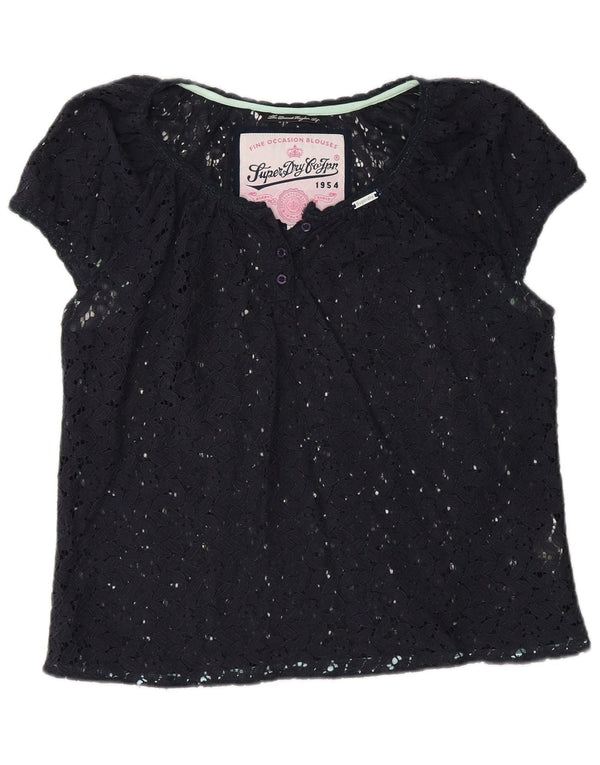 Superdry Γυναικεία See Through Lace Μπλούζα Τοπ UK 16 Large Navy Blue από βαμβάκι