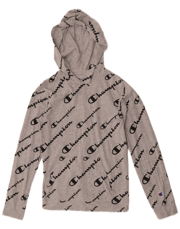 Champion Womens Crop Hooded Graphic Top μακρυμάνικο UK 14 μεγάλο γκρι βαμβακερό