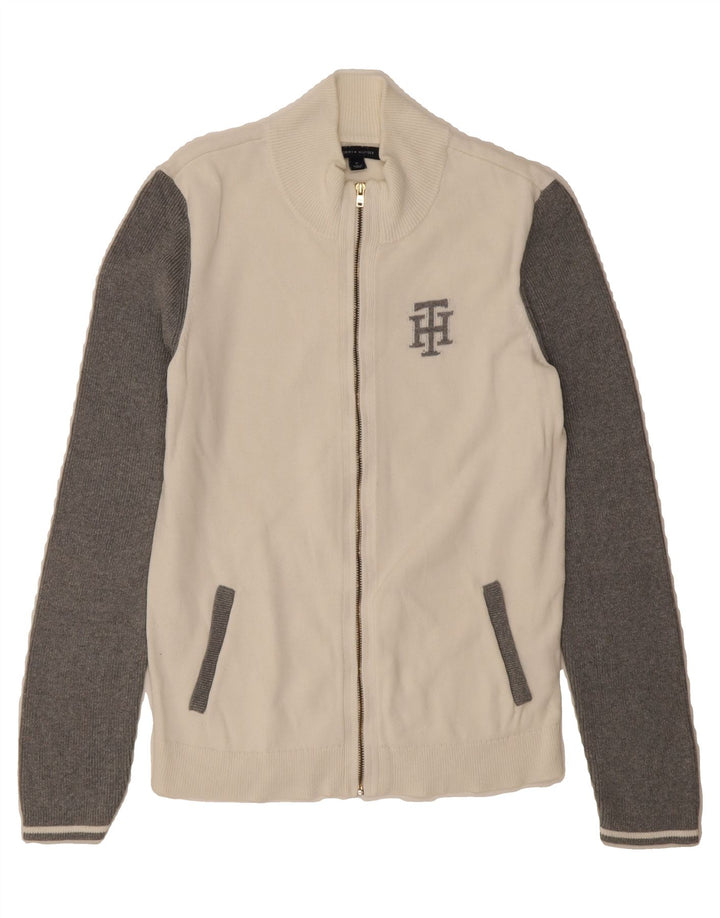 TOMMY HILFIGER Womens Cardigan Sweater UK 12 Medium White Colourblock Vintage Tommy Hilfiger and Second-Hand Tommy Hilfiger from Messina Hembry 