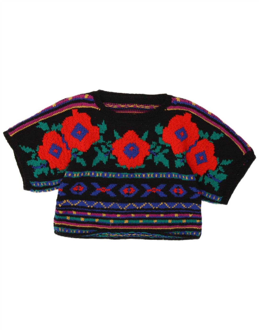 Vintage γυναικείο πουλόβερ με λαιμόκοψη Crop Crew UK 10 Small Black Floral