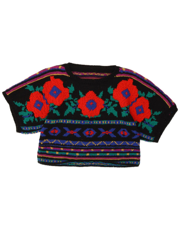 Vintage γυναικείο πουλόβερ με λαιμόκοψη Crop Crew UK 10 Small Black Floral
