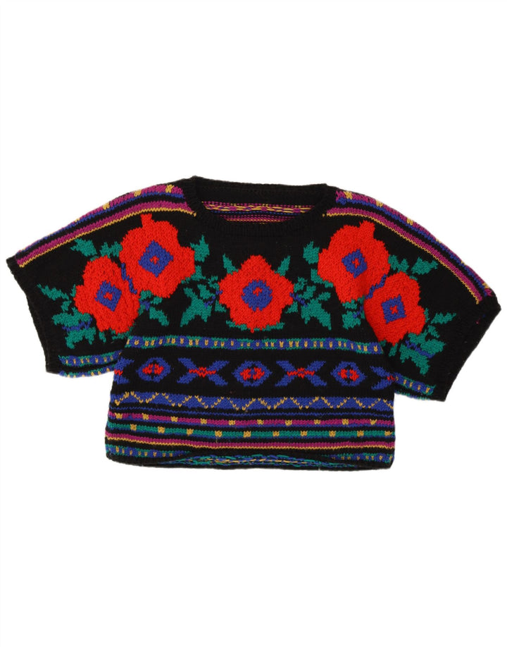 Vintage γυναικείο πουλόβερ με λαιμόκοψη Crop Crew UK 10 Small Black Floral