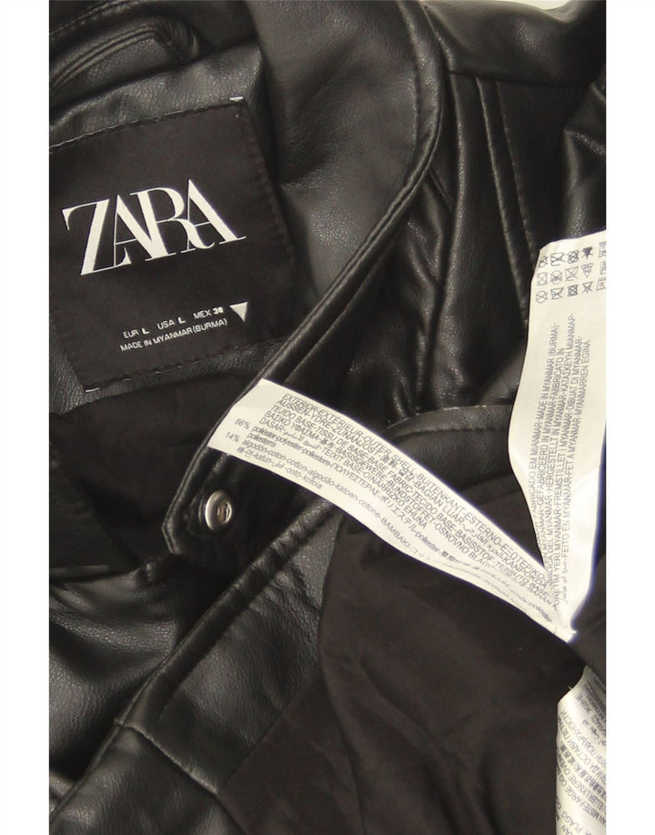 Zara Γυναικείο Faux Leather Biker Jacket UK 14 Large Black Polyester