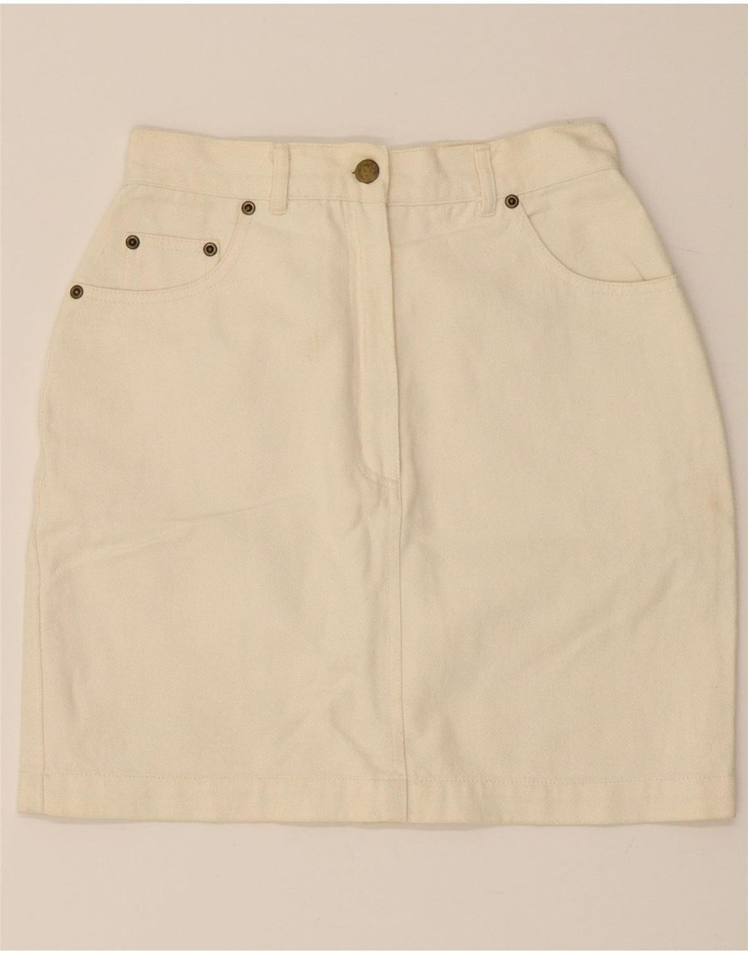 VINTAGE Womens High Waist Denim Skirt EU 38 Medium W26 L17 Off White Vintage Vintage and Second-Hand Vintage from Messina Hembry 