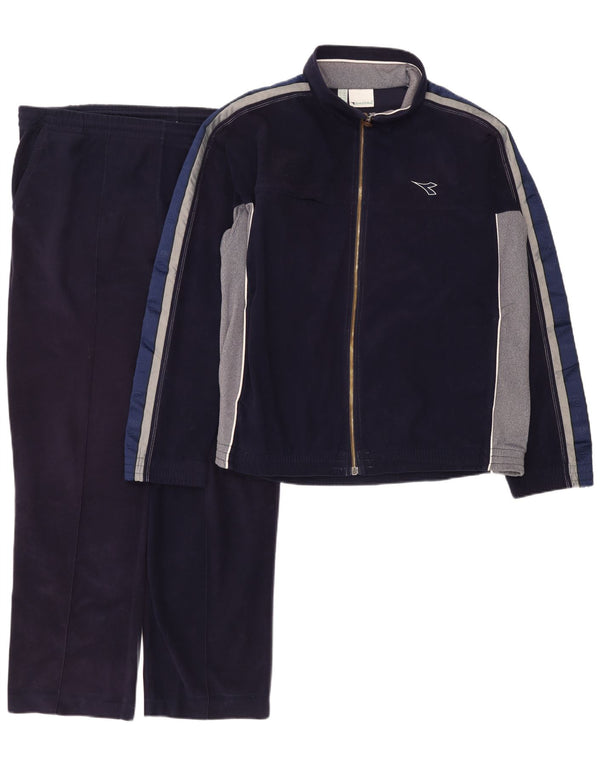 Diadora Mens Velour Full Tracksuit UK 42 Large Navy Blue Colourblock