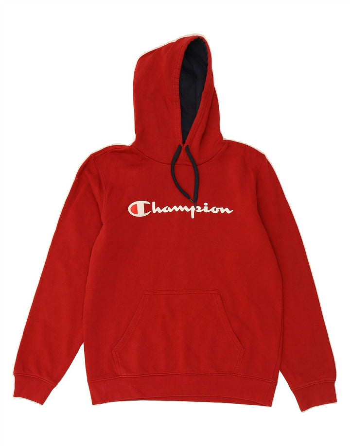 CHAMPION Mens Graphic Hoodie Jumper Medium Red Cotton Vintage Champion and Second-Hand Champion from Messina Hembry 