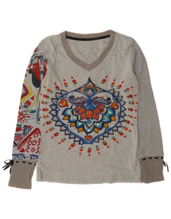 Desigual Womens Graphic Top Long Sleeve UK 14 Medium Grey Floral Cotton