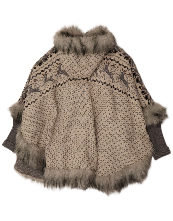 Vintage γυναικείο πλεκτό παλτό πόντσο με κουκούλα UK 16 Large Grey Fair Isle