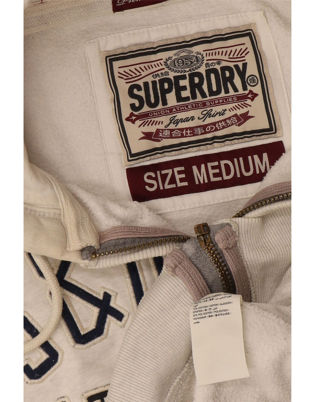 Ανδρικό πουλόβερ με κουκούλα με φερμουάρ Superdry, μεσαίο λευκό βαμβακερό