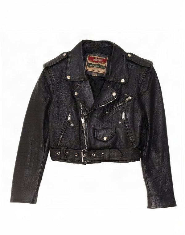 Akaso Womens Crop Leather Biker Jacket UK 10 Small Black