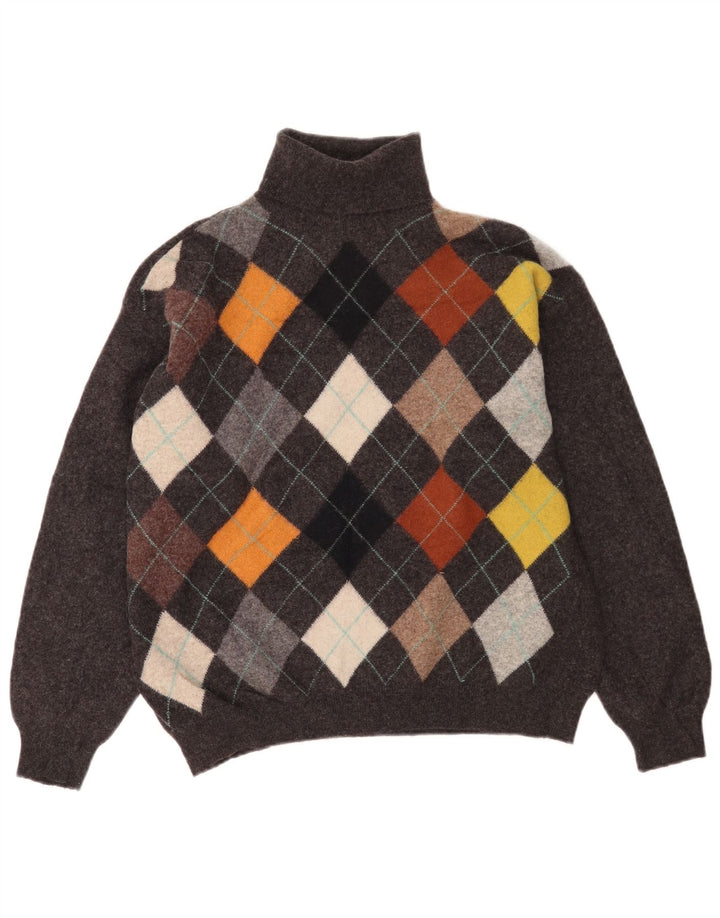 Ανδρικό πουλόβερ Benetton με ρολό λαιμόκοψη IT 52 Large Grey Argyle/Diamond Wool