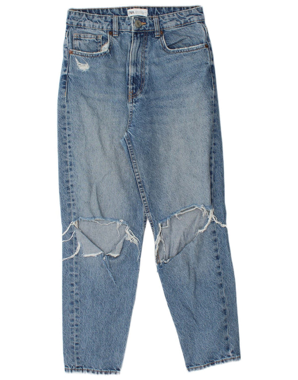 Zara Womens Distressed Crop Tapered Jeans EU 38 Small W28 L25 Blue Cotton
