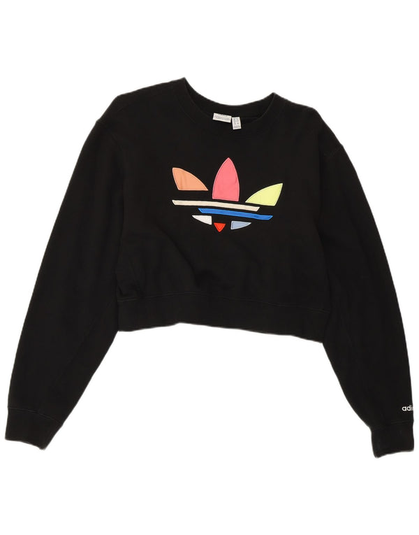 Γυναικείο γραφικό φούτερ ADIDAS Crop Jumper UK 12 μεσαίο μαύρο βαμβακερό