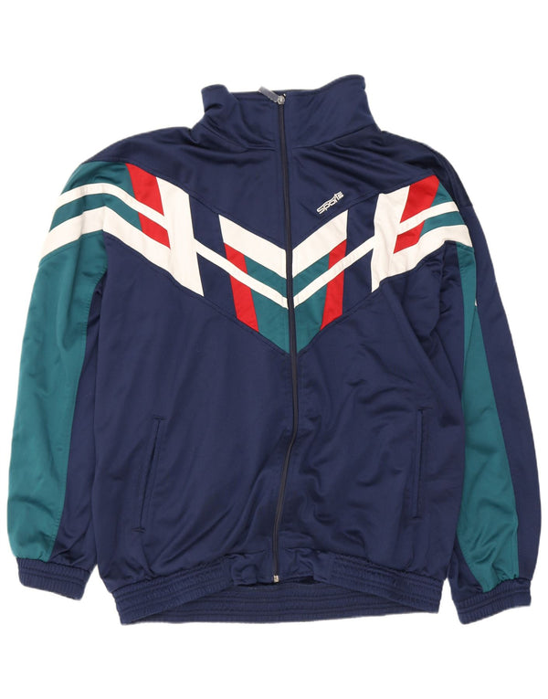 Vintage Mens Tracksuit Top Jacket 2XL Navy Blue Colourblock Polyester